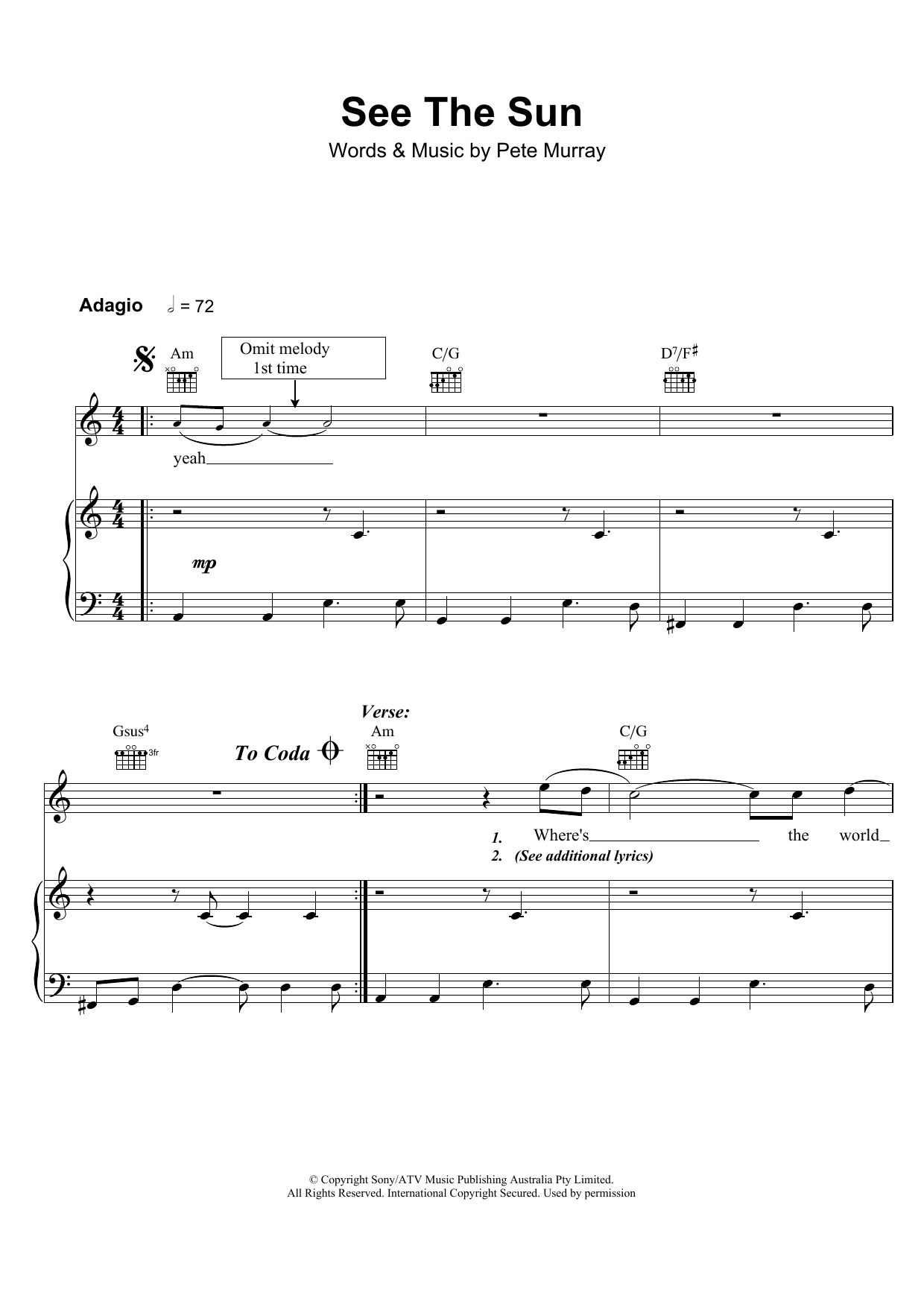 Download Pete Murray See The Sun Sheet Music and learn how to play Piano, Vocal & Guitar PDF digital score in minutes