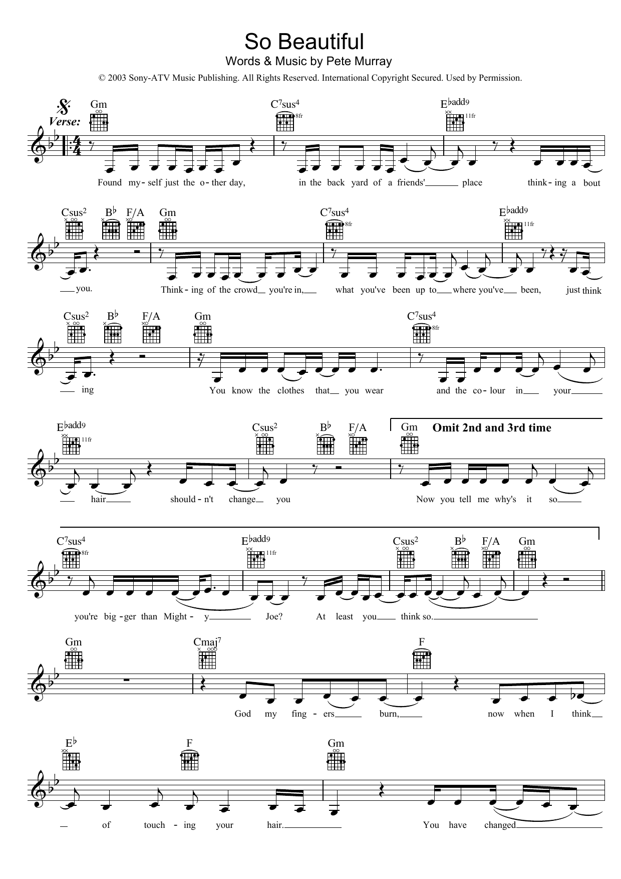 Download Pete Murray So Beautiful Sheet Music and learn how to play Melody Line, Lyrics & Chords PDF digital score in minutes