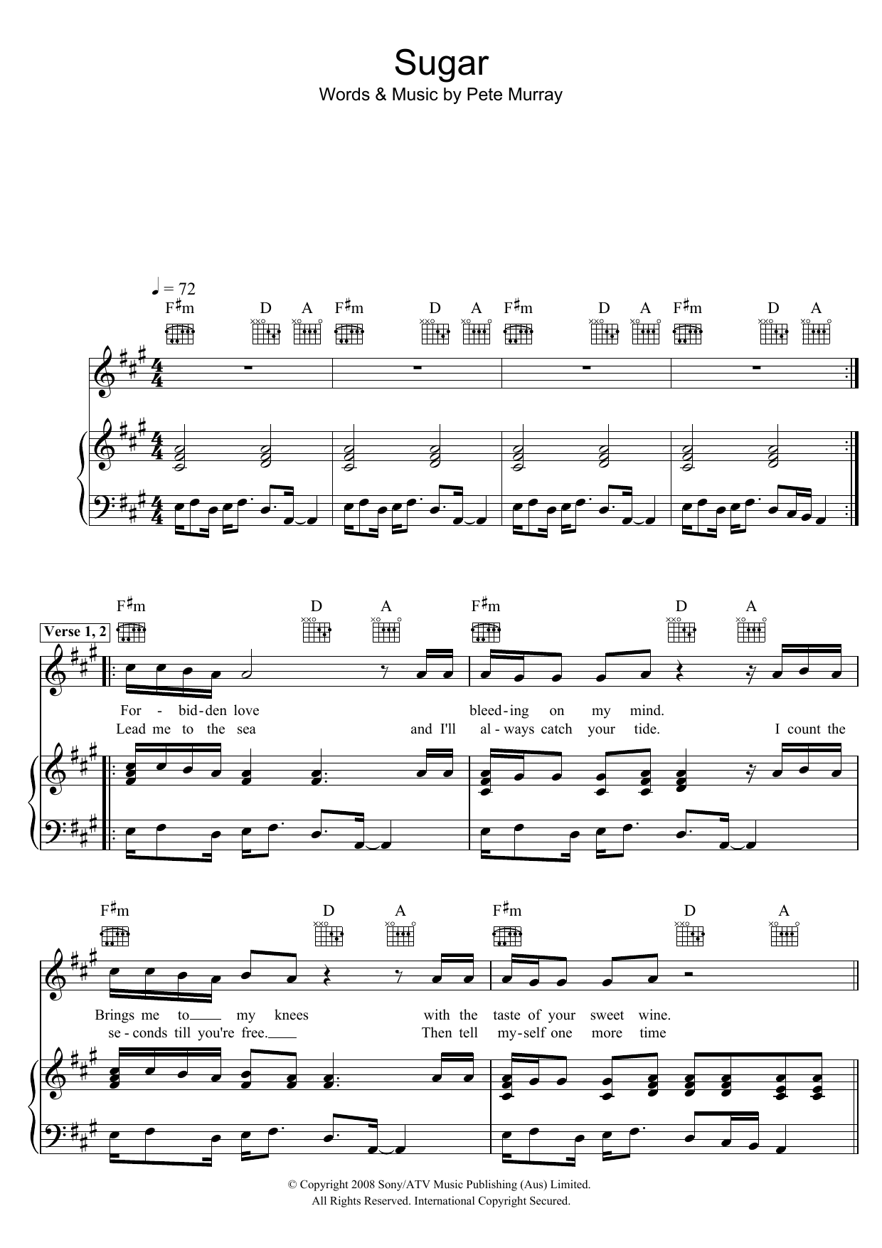 Download Pete Murray Sugar Sheet Music and learn how to play Piano, Vocal & Guitar (Right-Hand Melody) PDF digital score in minutes