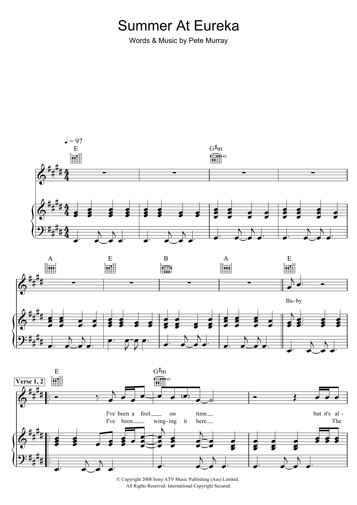 Download Pete Murray Summer At Eureka Sheet Music and learn how to play Piano, Vocal & Guitar (Right-Hand Melody) PDF digital score in minutes