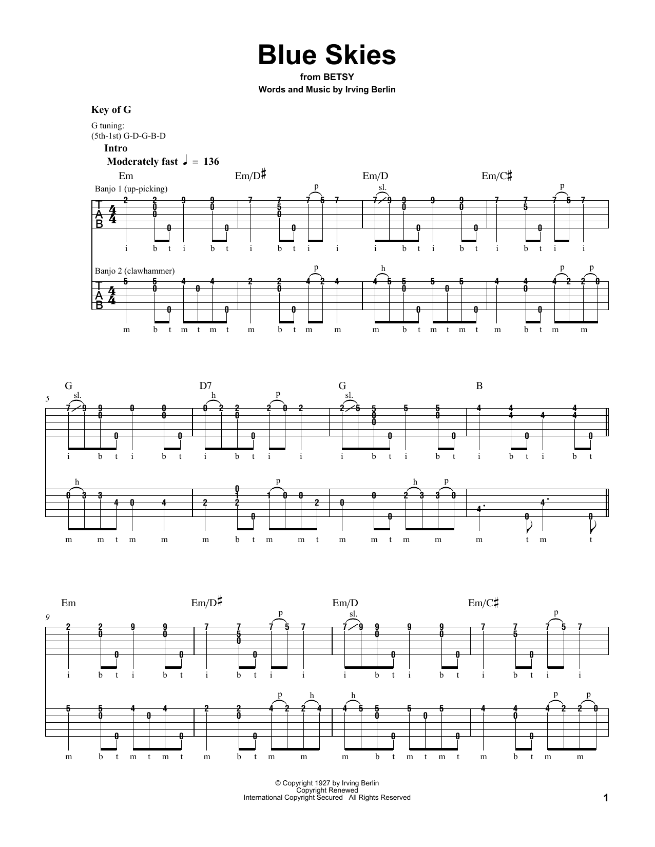 Download Pete Seeger Blue Skies Sheet Music and learn how to play Banjo PDF digital score in minutes