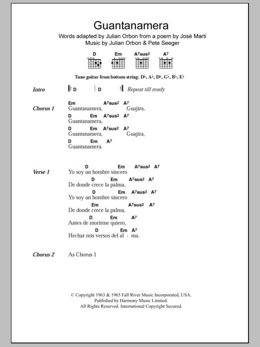 Download Pete Seeger Guantanamera Sheet Music and learn how to play Lead Sheet / Fake Book PDF digital score in minutes