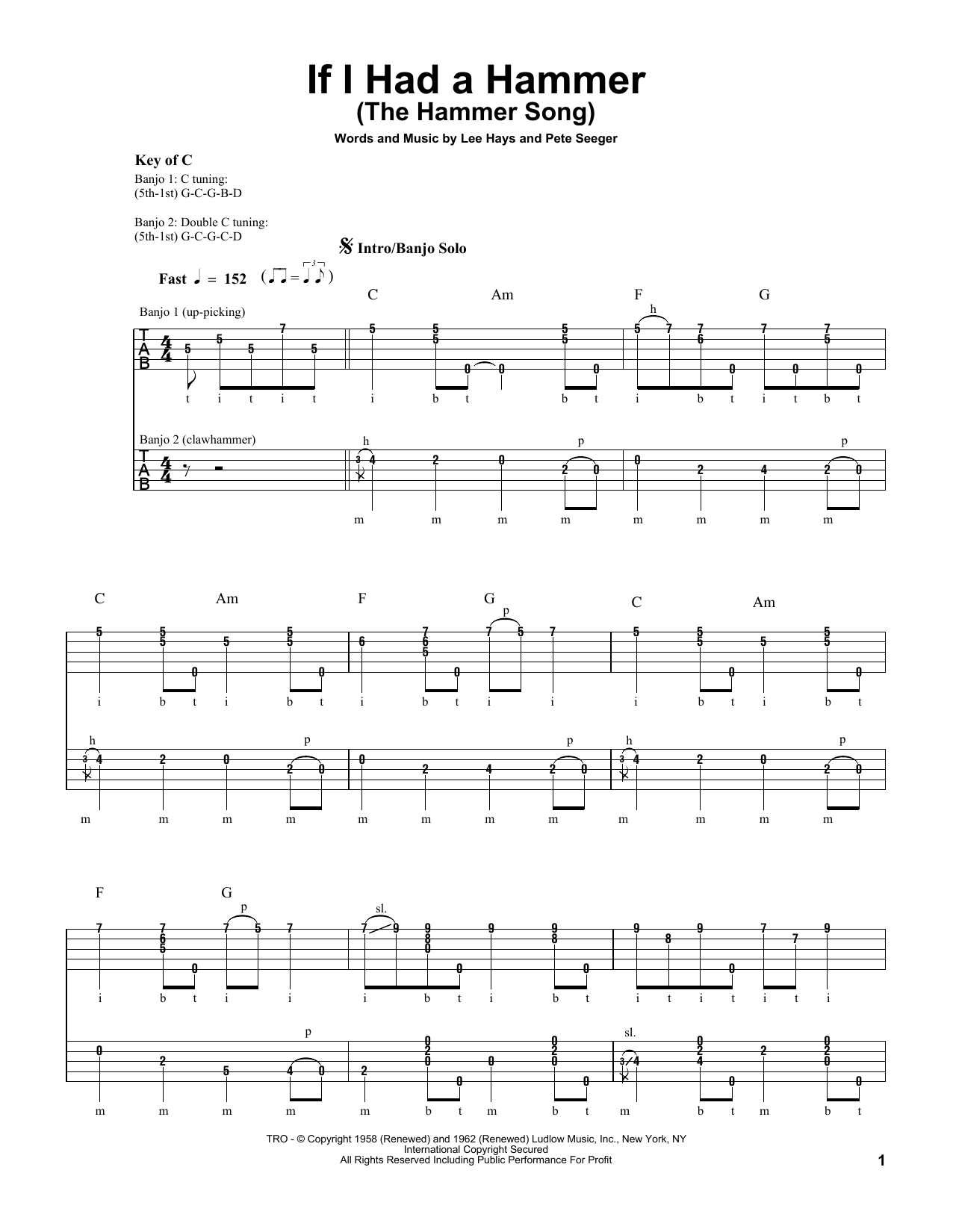 Download Pete Seeger If I Had A Hammer (The Hammer Song) Sheet Music and learn how to play Banjo PDF digital score in minutes