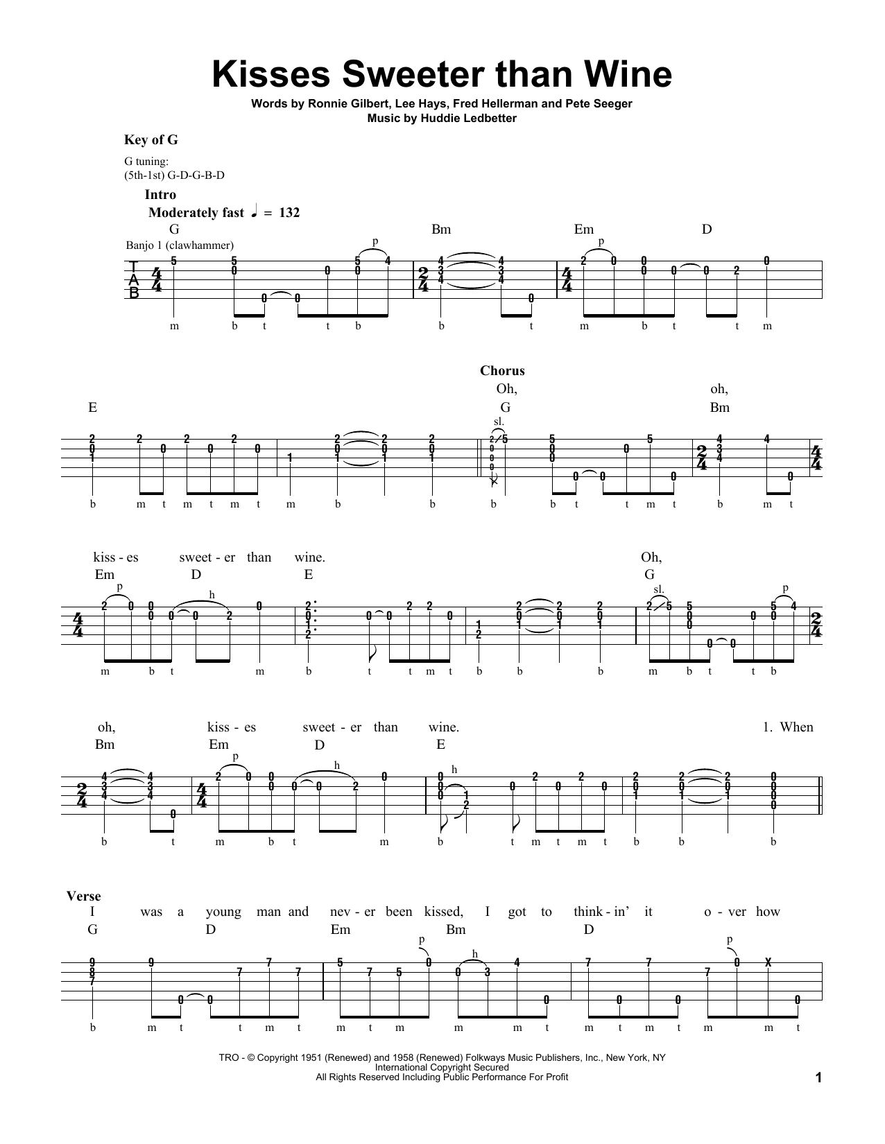 Download Pete Seeger Kisses Sweeter Than Wine Sheet Music and learn how to play Banjo PDF digital score in minutes