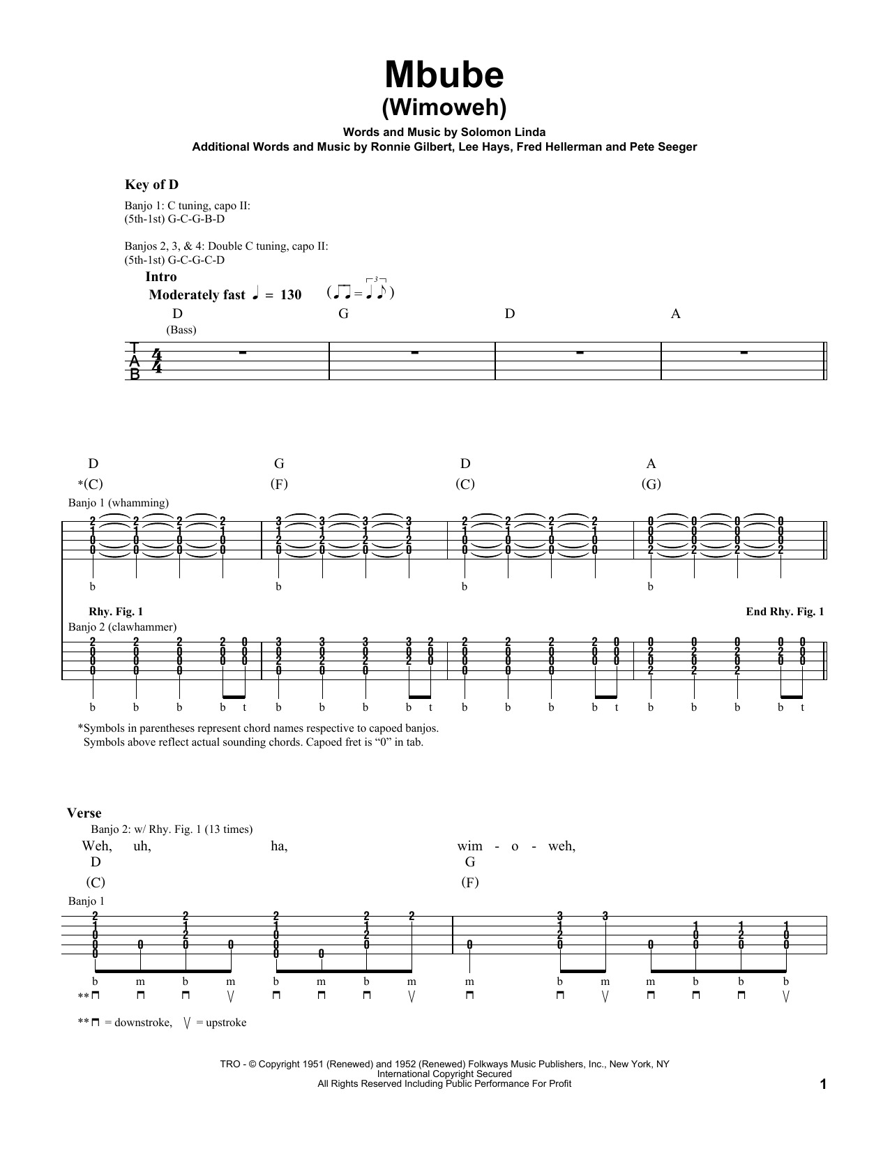 Download Pete Seeger Mbube (Wimoweh) Sheet Music and learn how to play Banjo PDF digital score in minutes