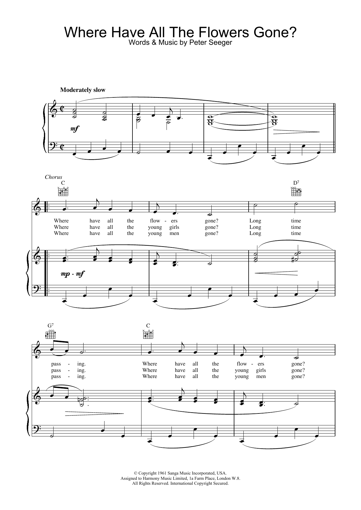 Download Pete Seeger Where Have All The Flowers Gone Sheet Music and learn how to play Piano, Vocal & Guitar (Right-Hand Melody) PDF digital score in minutes