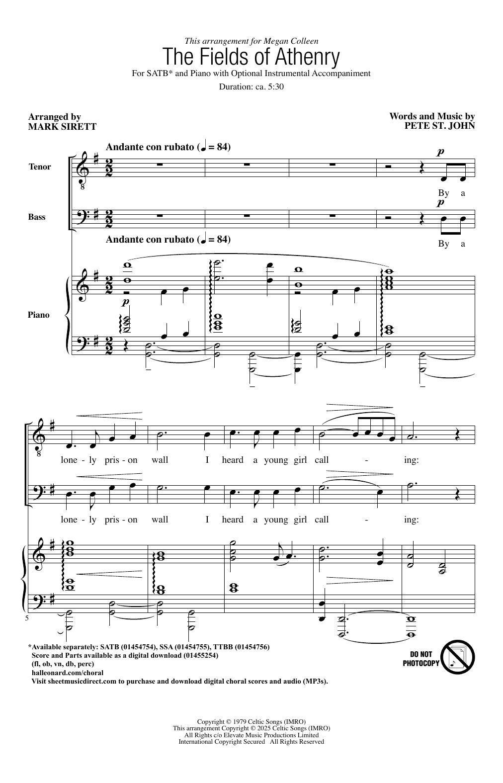 Download Pete St. John The Fields Of Athenry (arr. Mark Sirett) Sheet Music and learn how to play SSA Choir PDF digital score in minutes