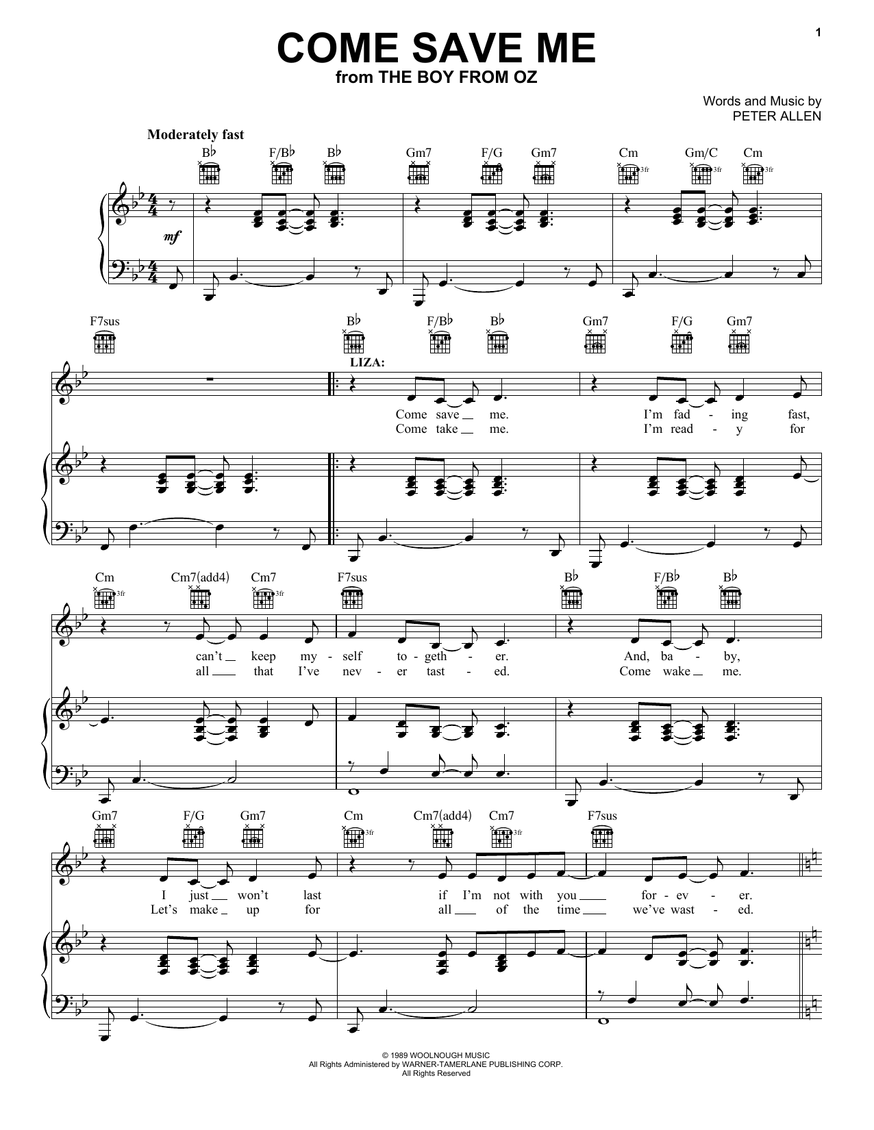 Download Peter Allen Come Save Me Sheet Music and learn how to play Piano, Vocal & Guitar (Right-Hand Melody) PDF digital score in minutes