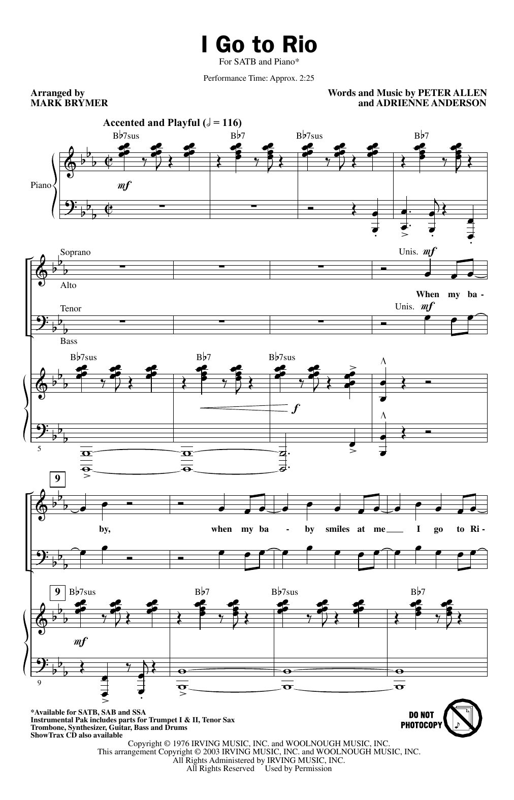 Download Peter Allen & Adrienne Anderson I Go To Rio (arr. Mark Brymer) Sheet Music and learn how to play SSA Choir PDF digital score in minutes