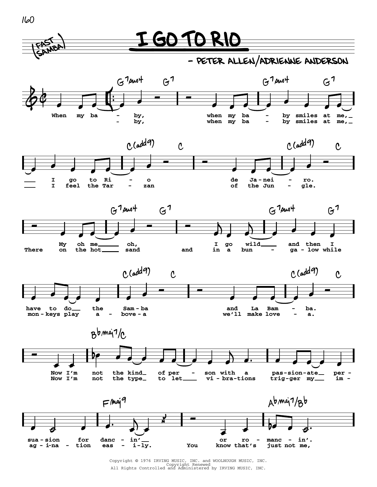Download Peter Allen I Go To Rio (Low Voice) Sheet Music and learn how to play Real Book – Melody, Lyrics & Chords PDF digital score in minutes