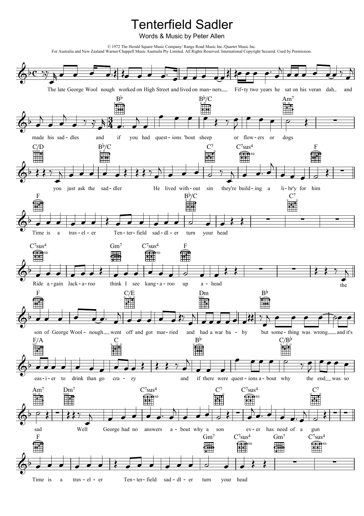 Download Peter Allen Tenterfield Saddler Sheet Music and learn how to play Melody Line, Lyrics & Chords PDF digital score in minutes
