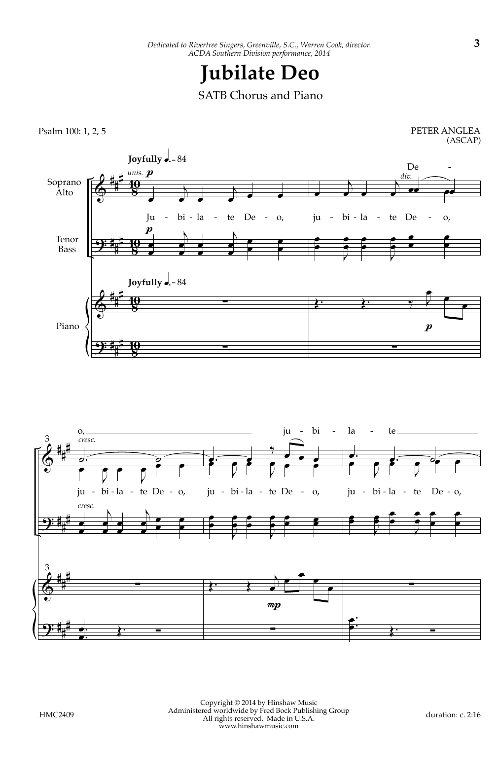 Download Peter Anglea Jubilate Deo Sheet Music and learn how to play SATB Choir PDF digital score in minutes