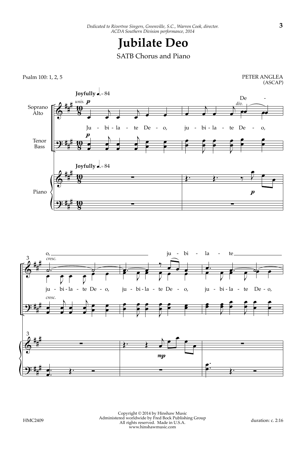 Download Peter Anglea Jubilate Deo Sheet Music and learn how to play SSAA Choir PDF digital score in minutes