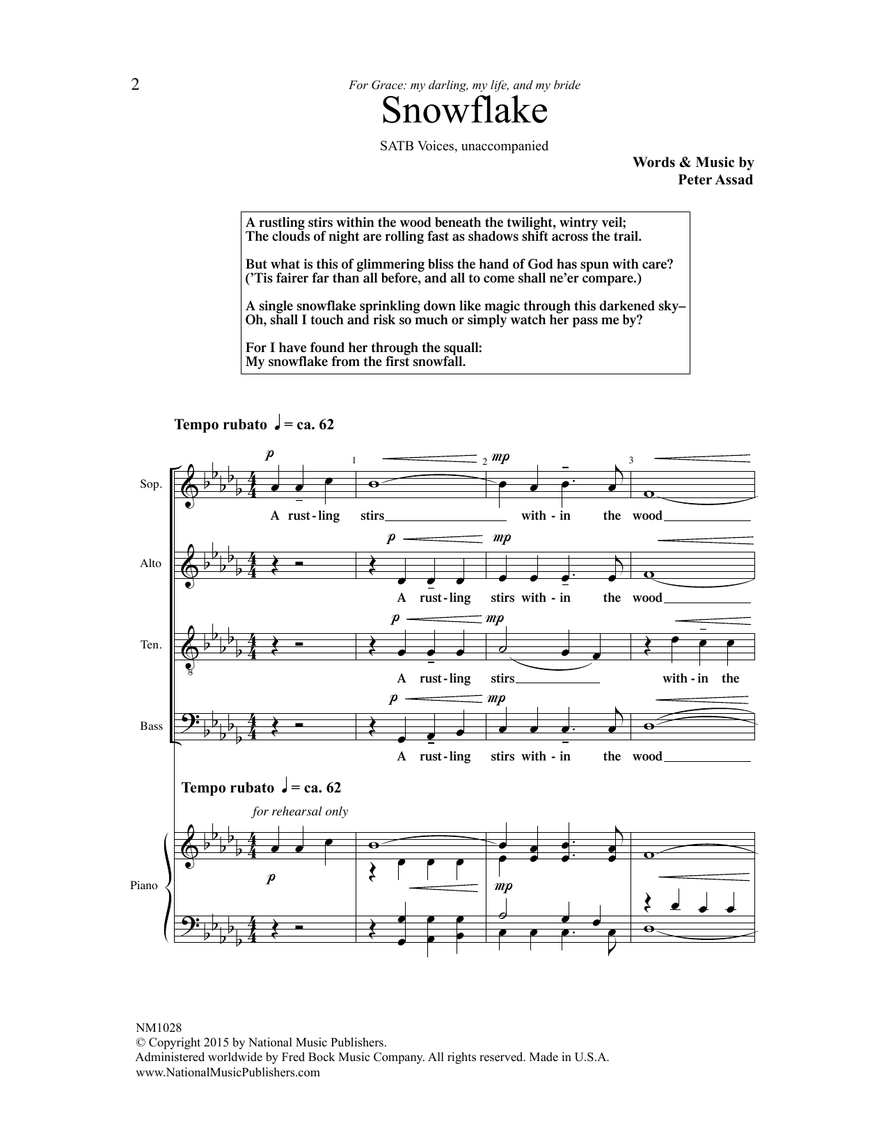 Download Peter Assad Snowflake Sheet Music and learn how to play SATB Choir PDF digital score in minutes