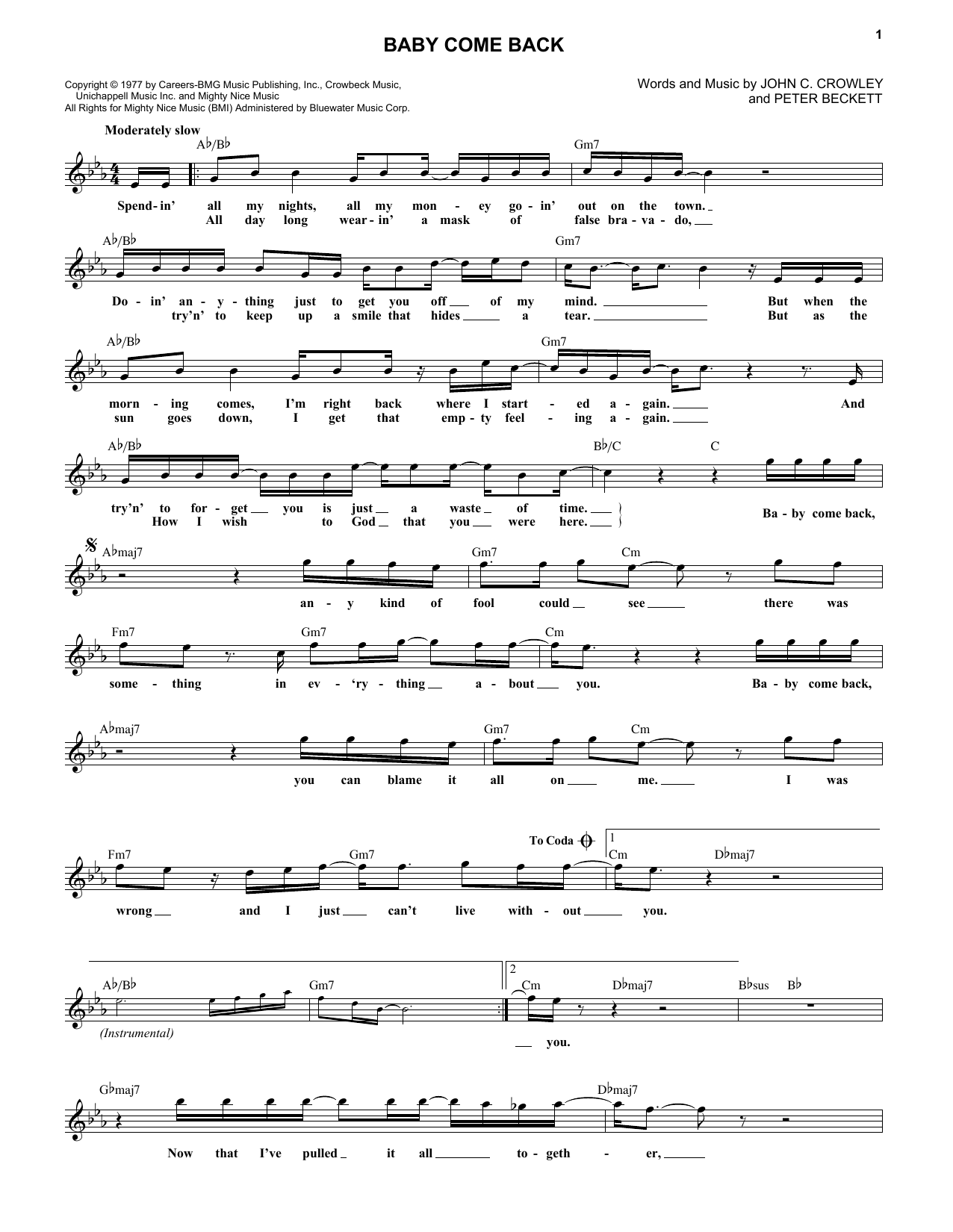 Download Peter Beckett Baby Come Back Sheet Music and learn how to play Melody Line, Lyrics & Chords PDF digital score in minutes