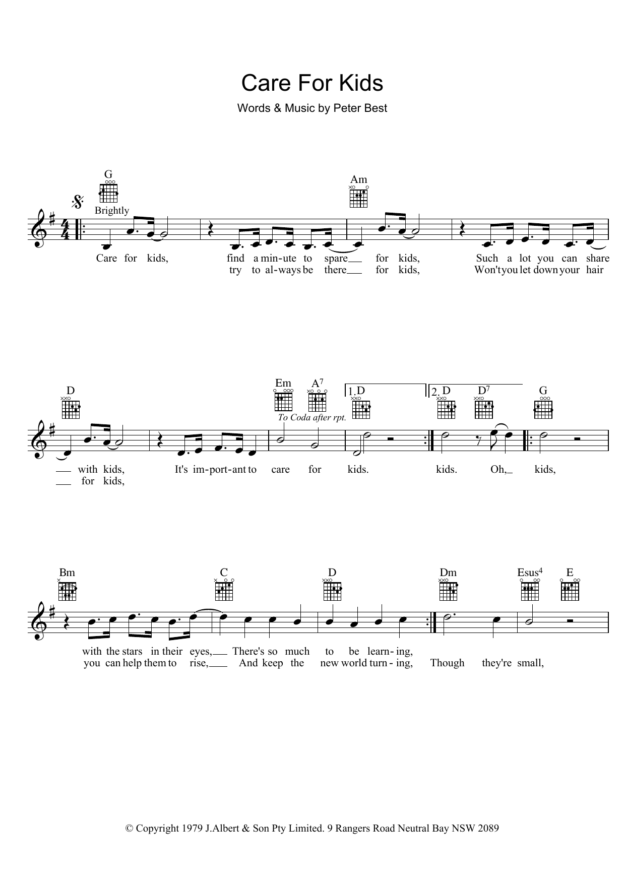 Download Peter Best Care For Kids Sheet Music and learn how to play Melody Line, Lyrics & Chords PDF digital score in minutes