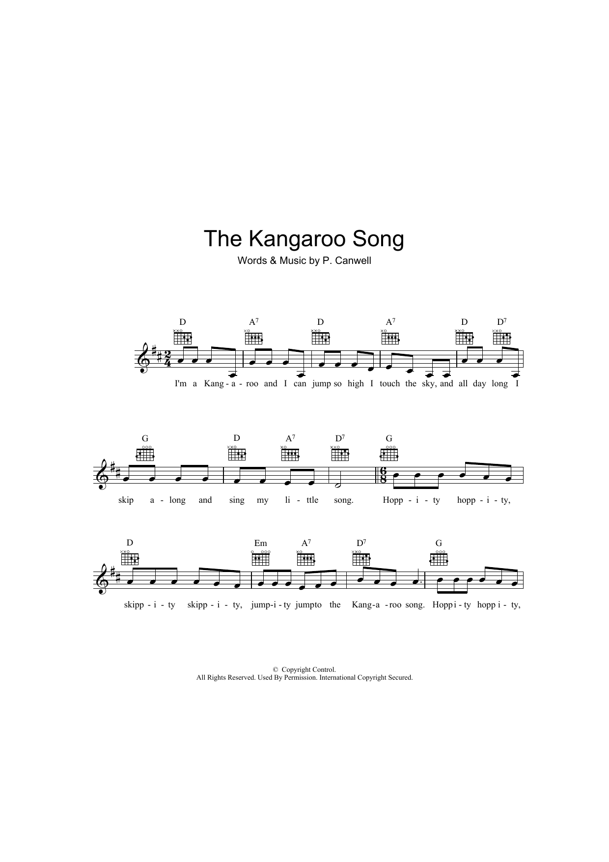 Download Peter Canwell The Kangaroo Song Sheet Music and learn how to play Melody Line, Lyrics & Chords PDF digital score in minutes
