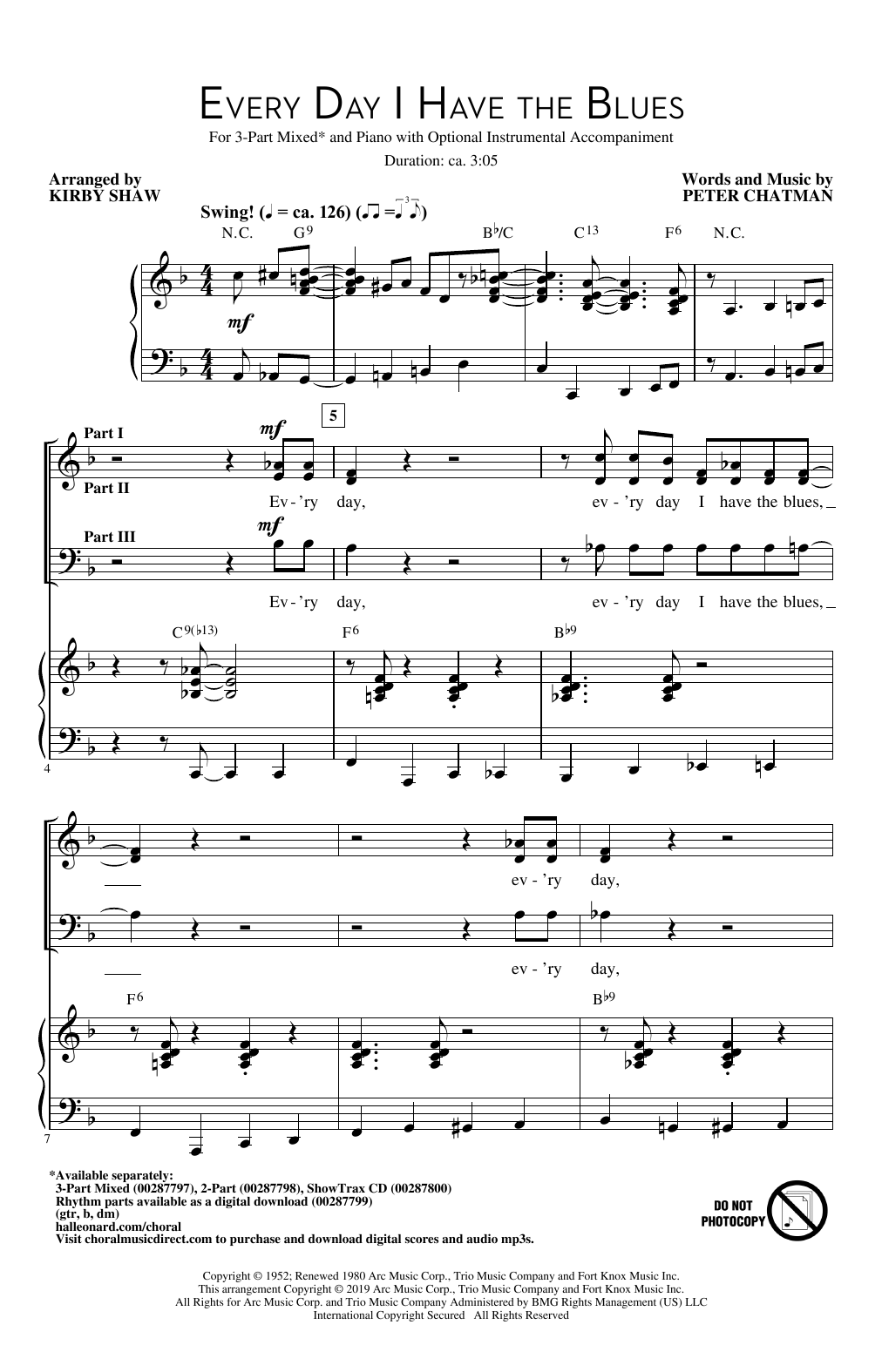 Download Peter Chatman Every Day I Have The Blues (arr. Kirby Shaw) Sheet Music and learn how to play 2-Part Choir PDF digital score in minutes