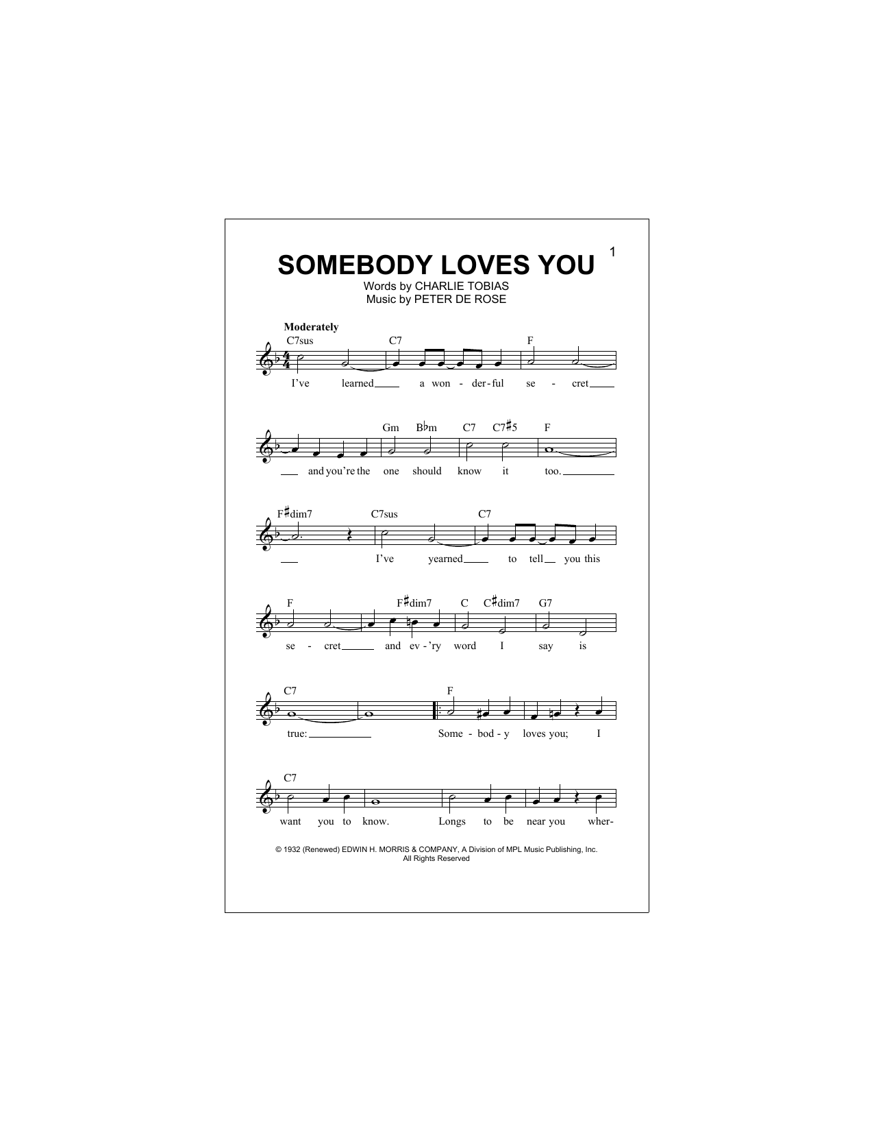 Download Peter De Rose Somebody Loves You Sheet Music and learn how to play Lead Sheet / Fake Book PDF digital score in minutes