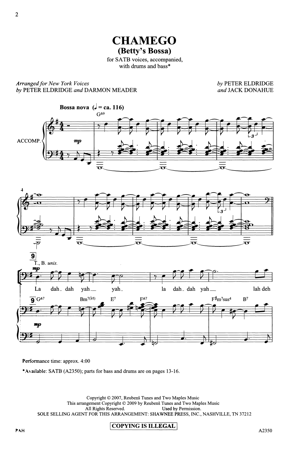 Download Peter Eldridge and Jack Donahue Chamego (Betty's Bossa) (arr. Darmon Meader and Peter Eldridge) Sheet Music and learn how to play SATB Choir PDF digital score in minutes