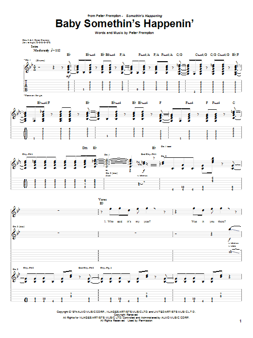 Download Peter Frampton Baby Somethin's Happenin' Sheet Music and learn how to play Guitar Tab PDF digital score in minutes