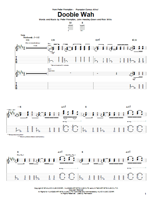 Download Peter Frampton Doobie Wah Sheet Music and learn how to play Guitar Tab PDF digital score in minutes