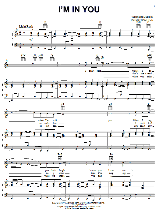 Download Peter Frampton I'm In You Sheet Music and learn how to play Piano, Vocal & Guitar (Right-Hand Melody) PDF digital score in minutes