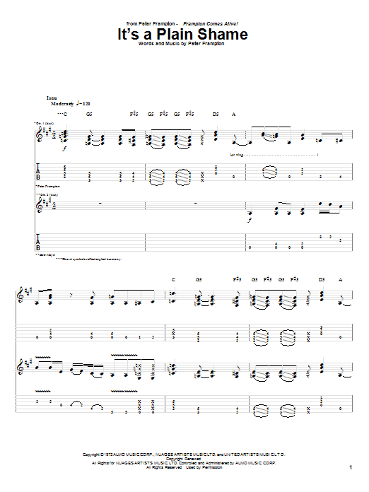 Download Peter Frampton It's A Plain Shame Sheet Music and learn how to play Guitar Tab PDF digital score in minutes