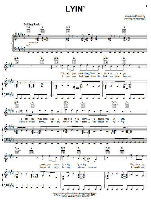 Download Peter Frampton Lyin' Sheet Music and learn how to play Piano, Vocal & Guitar (Right-Hand Melody) PDF digital score in minutes