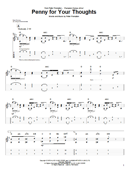 Download Peter Frampton Penny For Your Thoughts Sheet Music and learn how to play Guitar Tab PDF digital score in minutes
