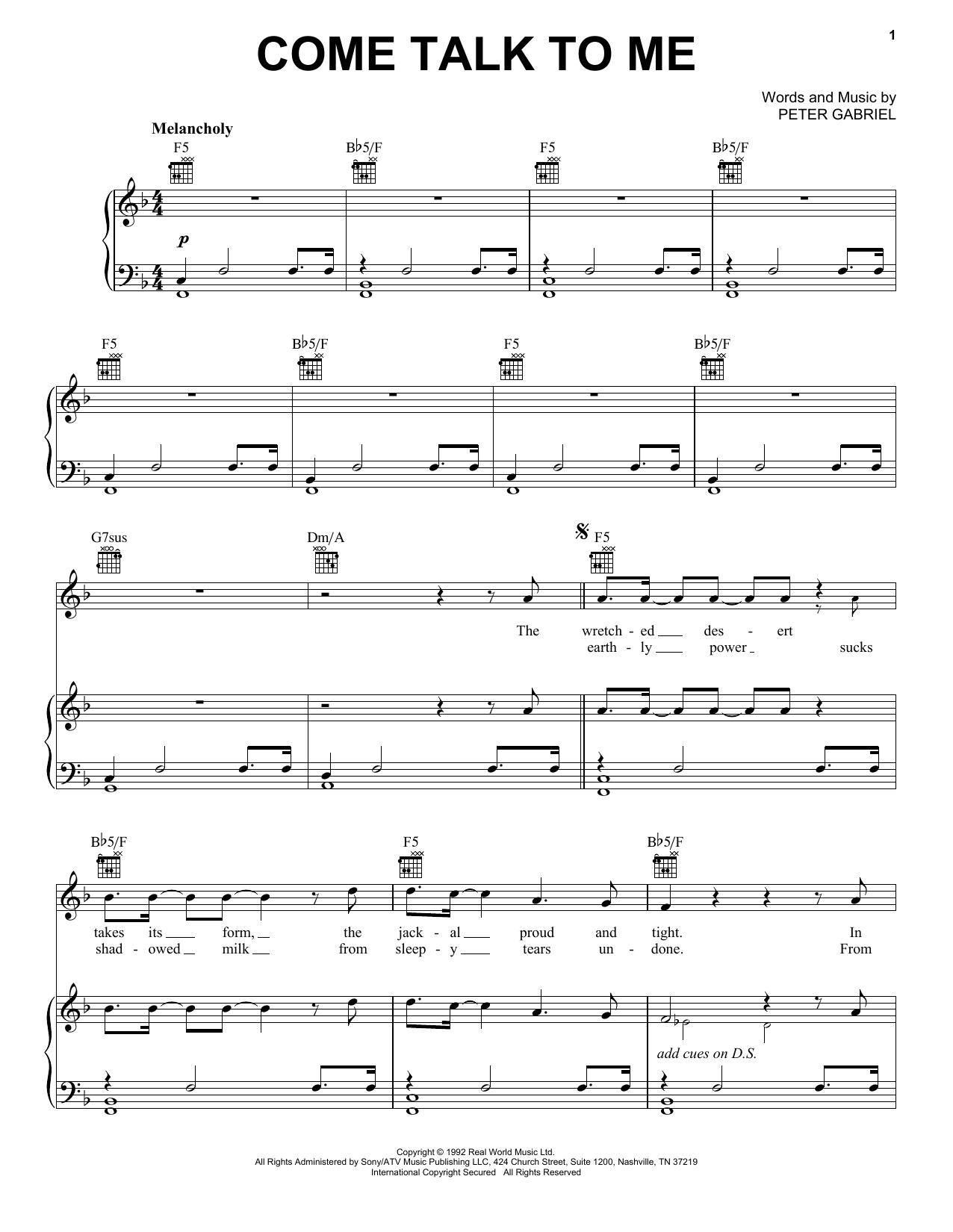 Download Peter Gabriel Come Talk To Me Sheet Music and learn how to play Piano, Vocal & Guitar (Right-Hand Melody) PDF digital score in minutes