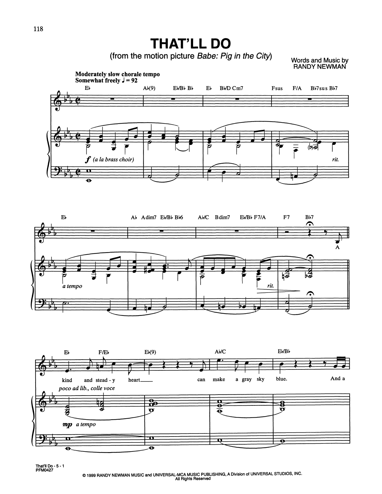 Download Peter Gabriel feat. Paddy Maloney & The Black Dyke Mills Band That'll Do (from Babe: Pig In The City) Sheet Music and learn how to play Piano & Vocal PDF digital score in minutes