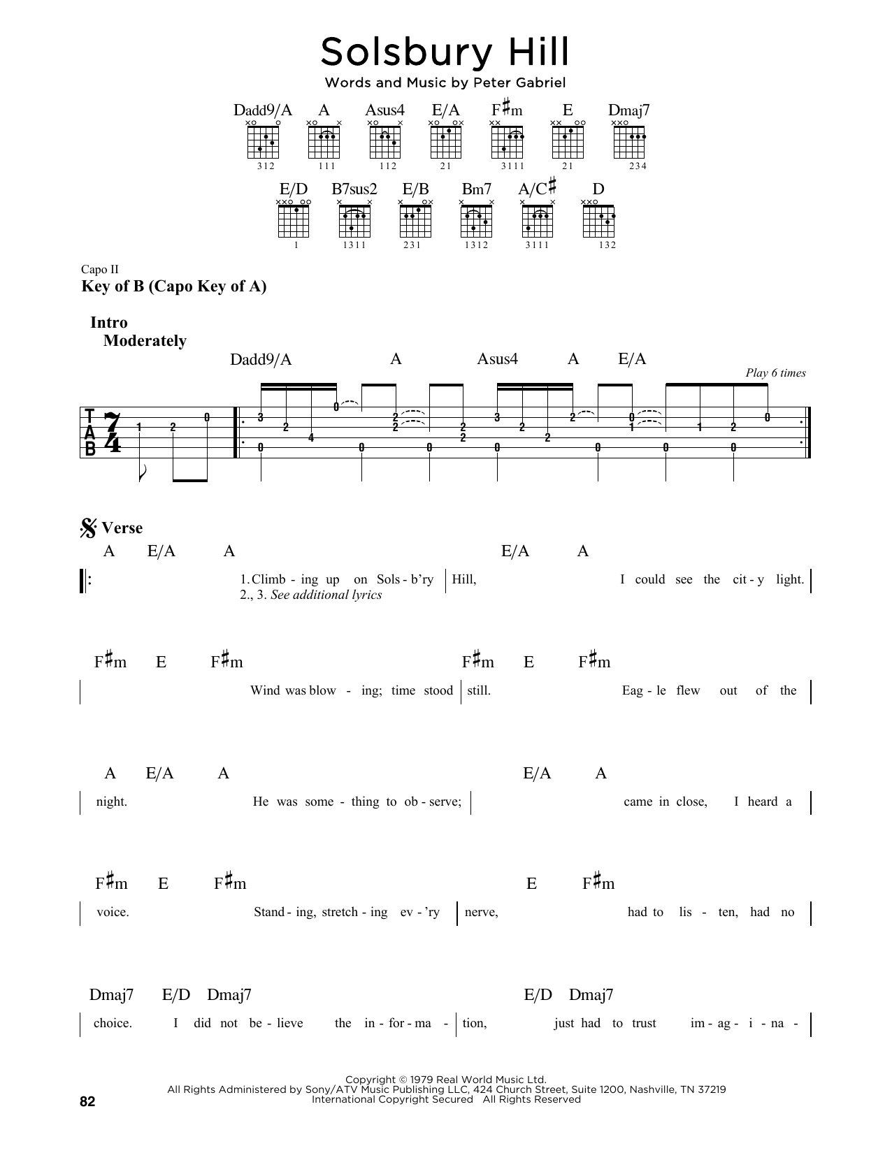 Download Peter Gabriel Solsbury Hill Sheet Music and learn how to play Guitar Lead Sheet PDF digital score in minutes