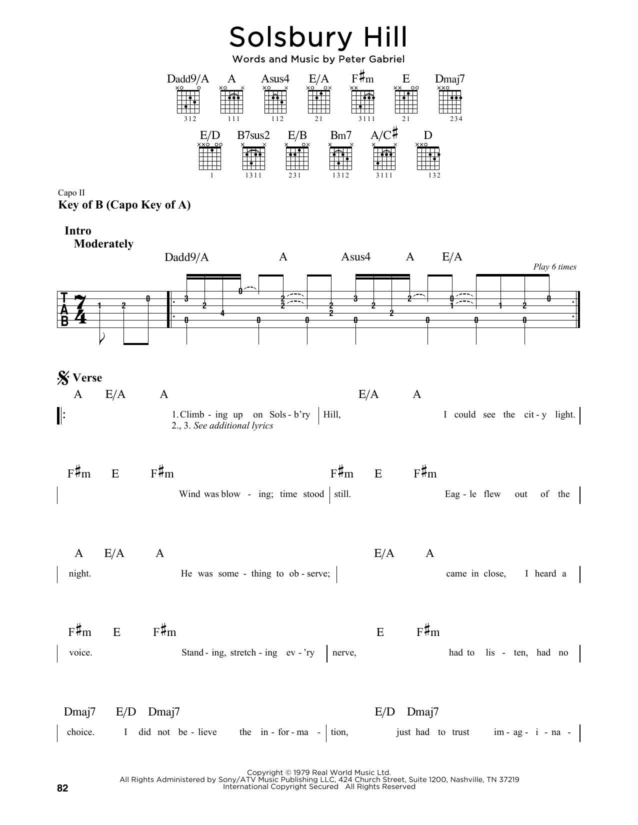 Download Peter Gabriel Solsbury Hill Sheet Music and learn how to play Lyrics & Chords PDF digital score in minutes