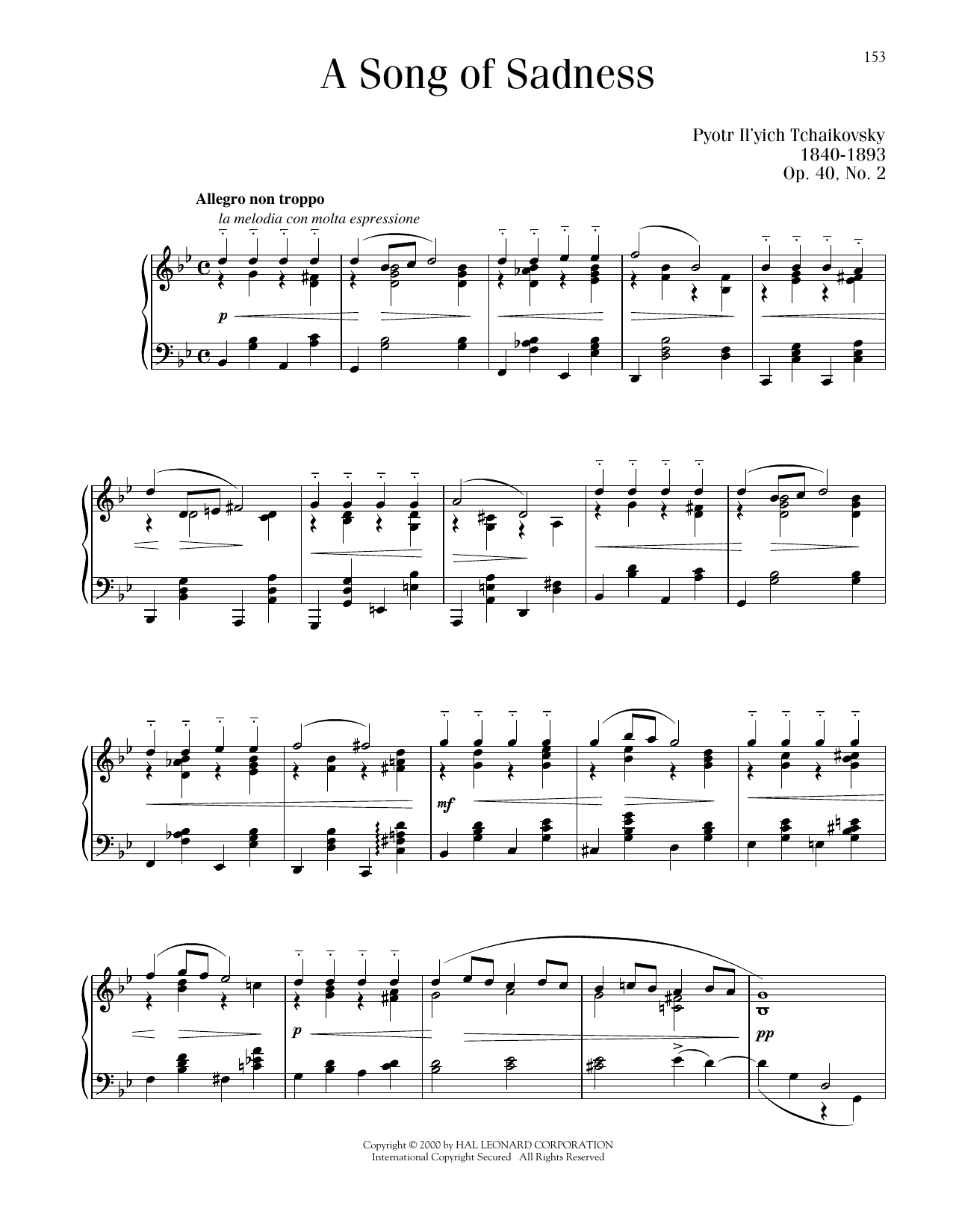 Download Pyotr Il'yich Tchaikovsky Chanson Triste, Op. 40, No. 2 Sheet Music and learn how to play Piano Solo PDF digital score in minutes