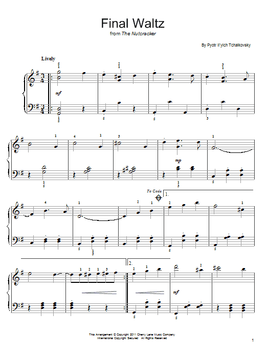 Download Pyotr Ilyich Tchaikovsky Final Waltz Sheet Music and learn how to play Easy Piano PDF digital score in minutes