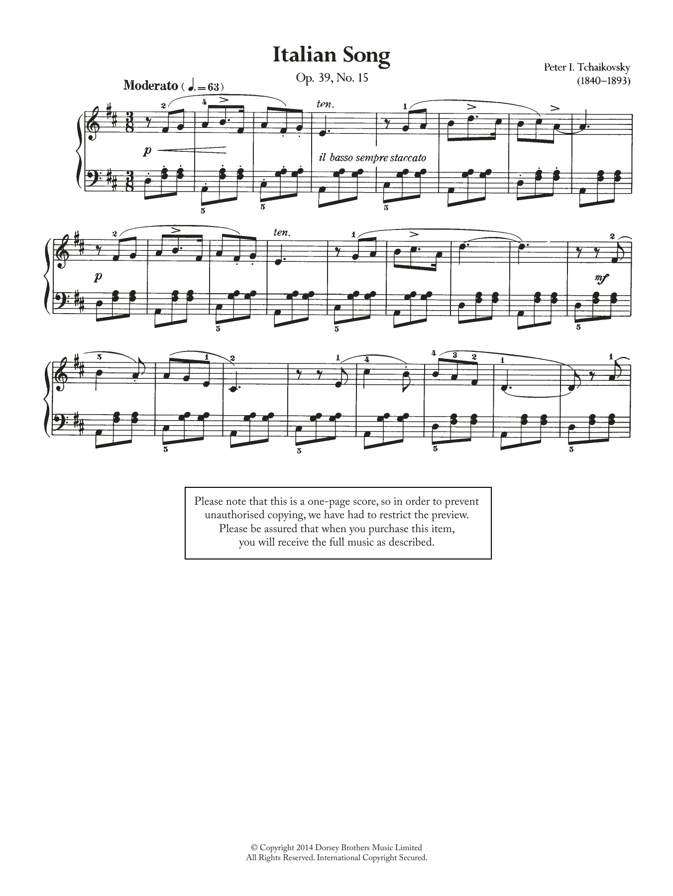 Download Pyotr Ilyich Tchaikovsky Italian Song, Op.39 No.15 Sheet Music and learn how to play Piano PDF digital score in minutes
