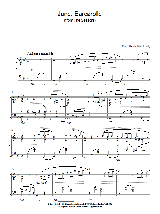 Download Pyotr Ilyich Tchaikovsky June: Barcarolle (from The Seasons) Sheet Music and learn how to play Piano PDF digital score in minutes