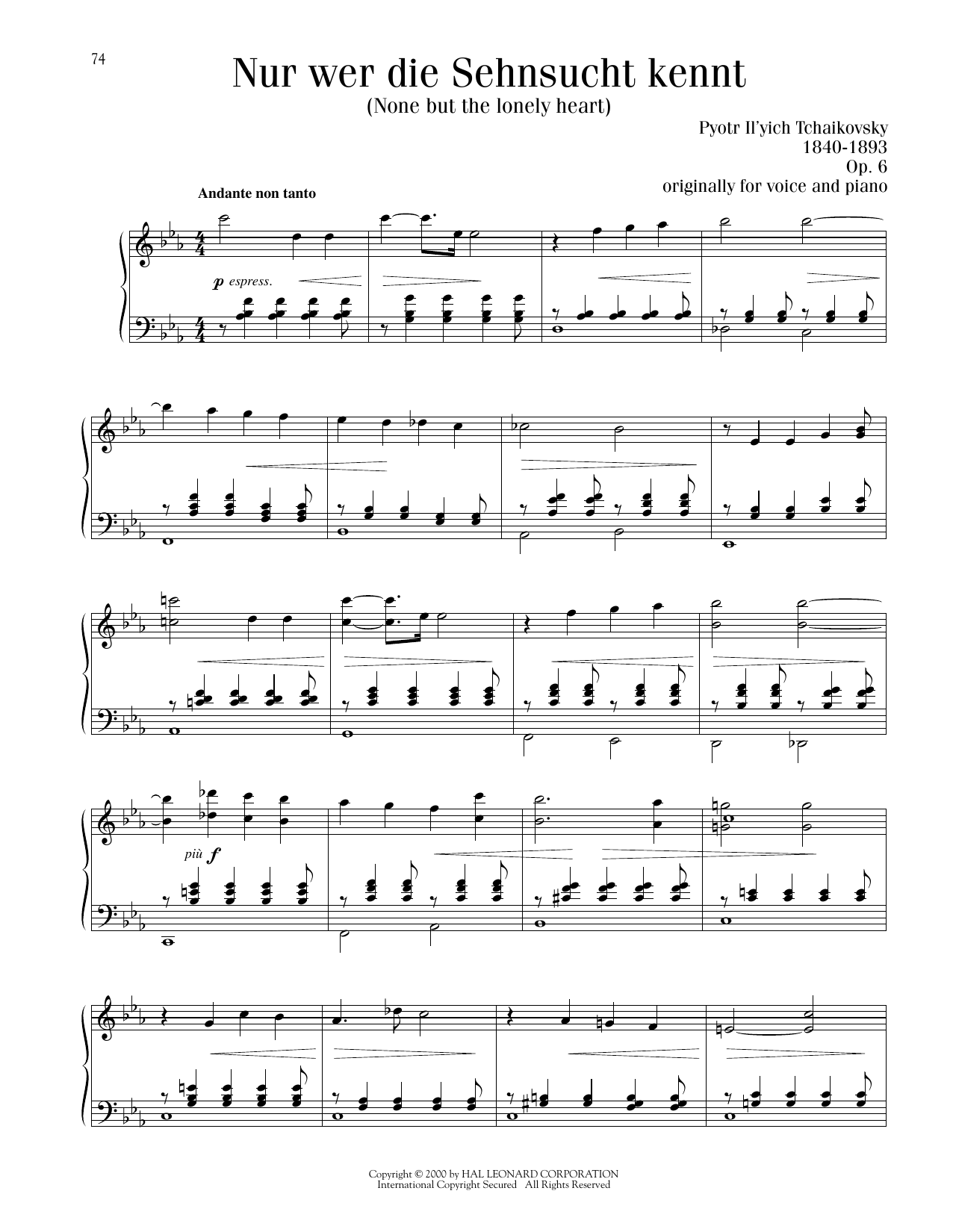 Download Pyotr Il'yich Tchaikovsky None But The Lonely Heart (Nur Wer Die Sehnsucht Kennt), Op. 6 Sheet Music and learn how to play Piano Solo PDF digital score in minutes