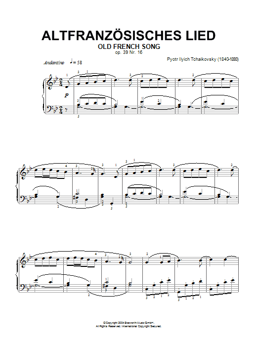 Download Pyotr Ilyich Tchaikovsky Old French Song, Op. 39, No. 16 (from Album For The Young) Sheet Music and learn how to play Piano PDF digital score in minutes