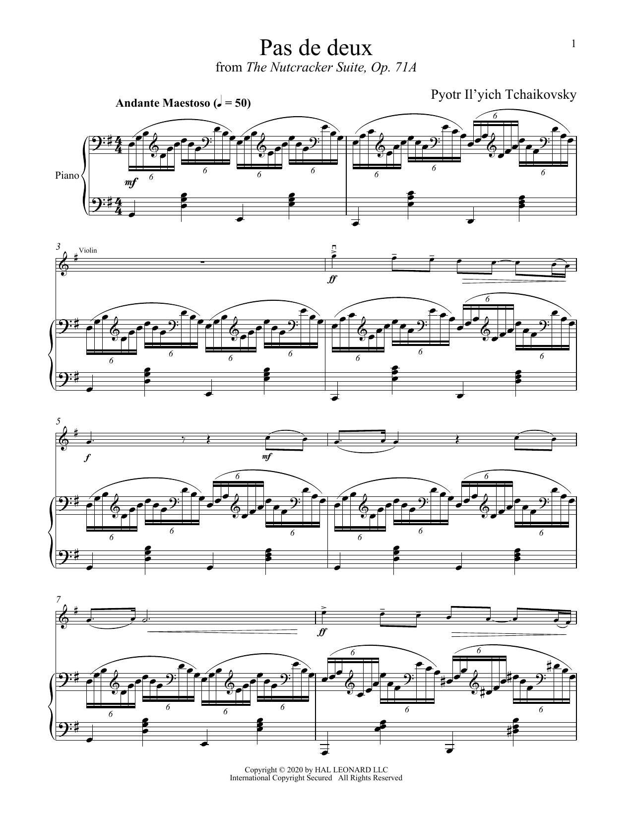 Download Pyotr Il'yich Tchaikovsky Pas de deux (from The Nutcracker) Sheet Music and learn how to play Violin and Piano PDF digital score in minutes