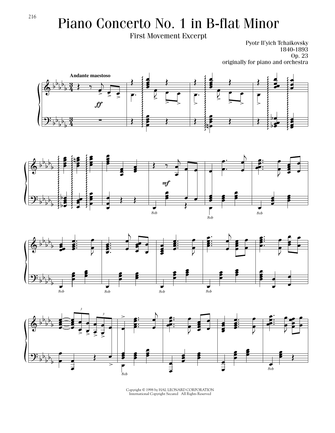 Download Pyotr Il'yich Tchaikovsky Piano Concerto No. 1 In B-Flat Minor, Op. 23, First Movement Excerpt Sheet Music and learn how to play Piano Solo PDF digital score in minutes