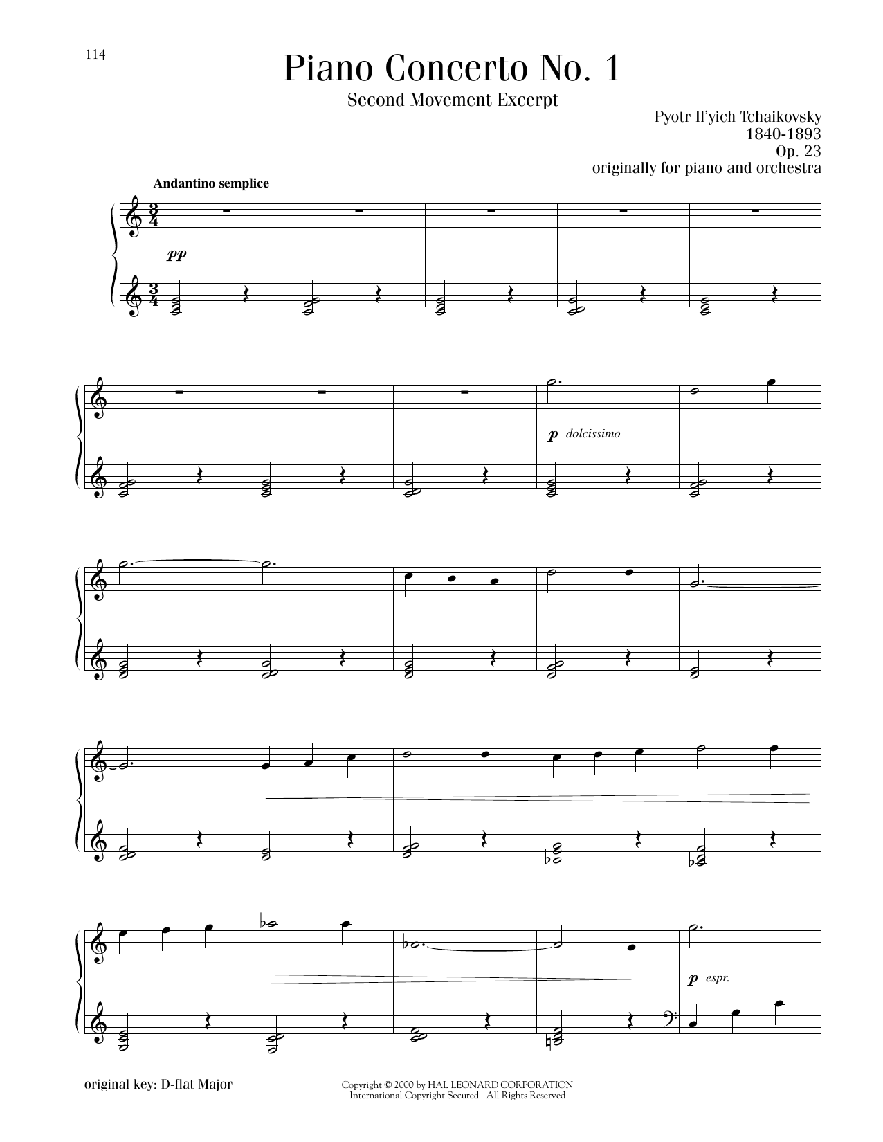Download Pyotr Il'yich Tchaikovsky Piano Concerto No. 1 In B-Flat Minor, Op. 23, Second Movement Excerpt Sheet Music and learn how to play Piano Solo PDF digital score in minutes