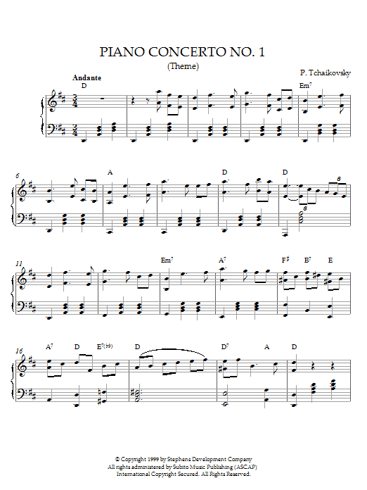 Download Pyotr Ilyich Tchaikovsky Piano Concerto No. 1 (Theme) Sheet Music and learn how to play Piano PDF digital score in minutes