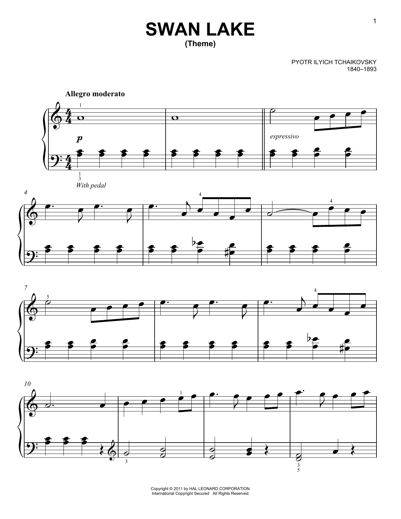 Download Pyotr Ilyich Tchaikovsky Theme From Swan Lake Sheet Music and learn how to play Easy Piano PDF digital score in minutes