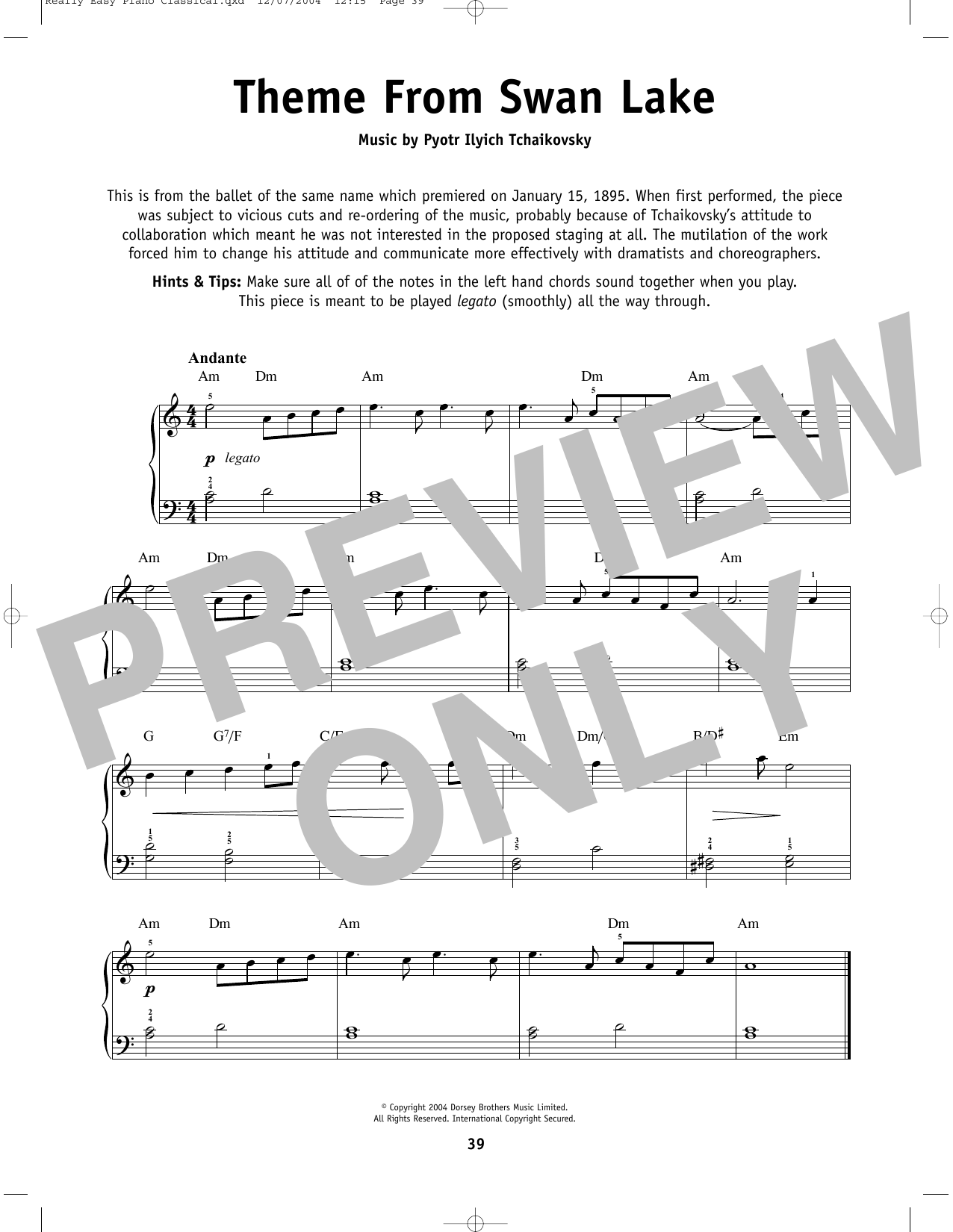Download Pyotr Il'yich Tchaikovsky Swan Lake (Theme) Sheet Music and learn how to play Really Easy Piano PDF digital score in minutes