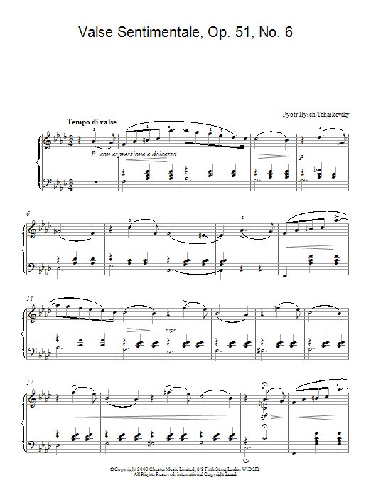 Download Pyotr Ilyich Tchaikovsky Valse Sentimentale, Op. 51, No. 6 Sheet Music and learn how to play Piano PDF digital score in minutes