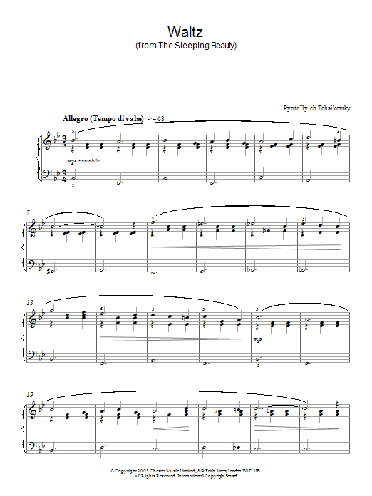 Download Pyotr Ilyich Tchaikovsky Waltz (from The Sleeping Beauty) Sheet Music and learn how to play Beginner Piano PDF digital score in minutes
