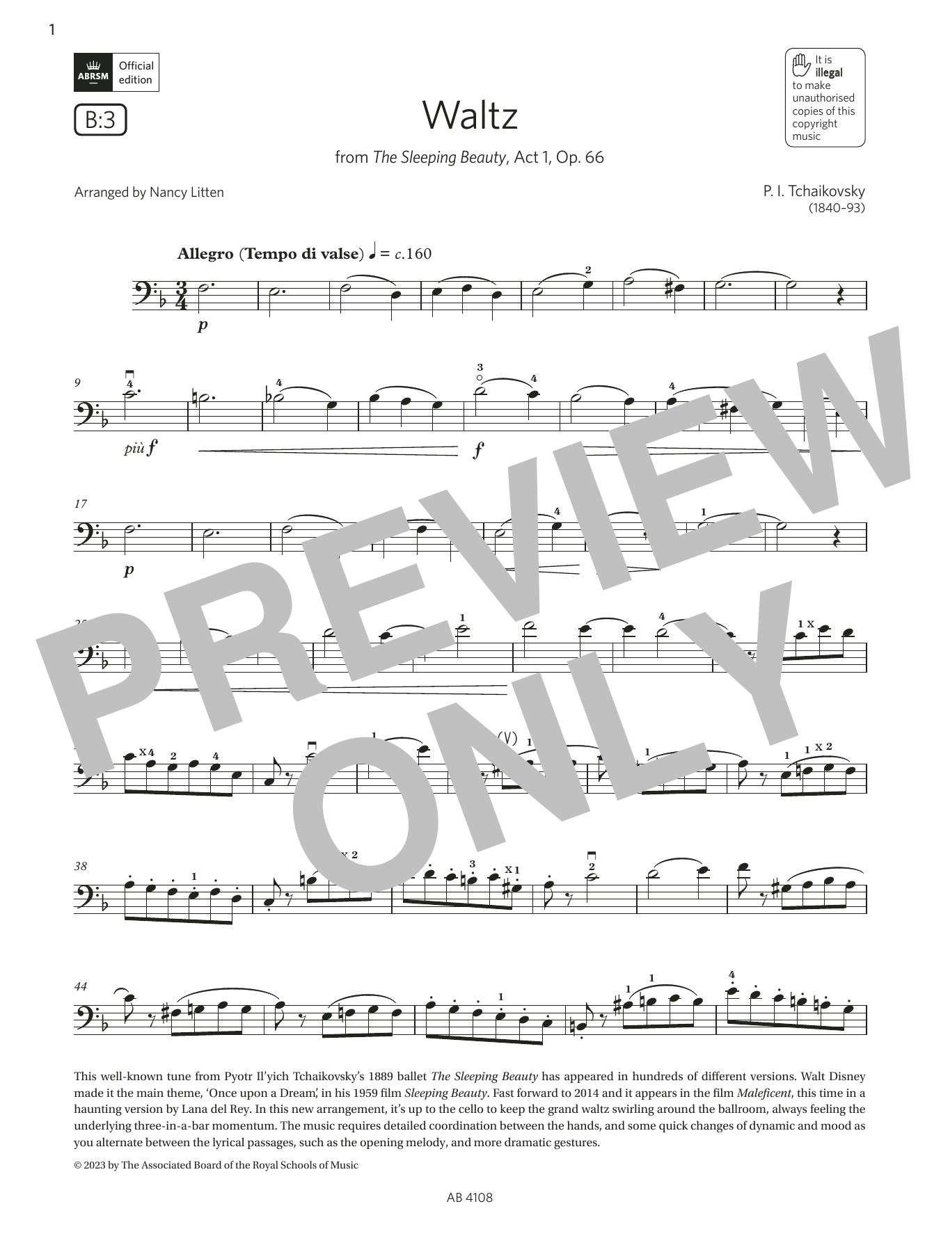 Download Pyotr Il'yich Tchaikovsky Waltz (Grade 5, B3, from the ABRSM Cello Syllabus from 2024) Sheet Music and learn how to play Cello Solo PDF digital score in minutes