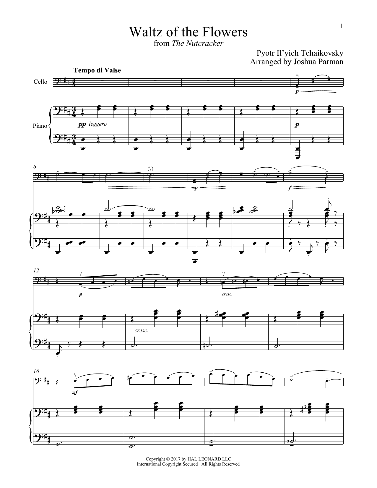 Download Pyotr Il'yich Tchaikovsky Waltz Of The Flowers Sheet Music and learn how to play Cello and Piano PDF digital score in minutes